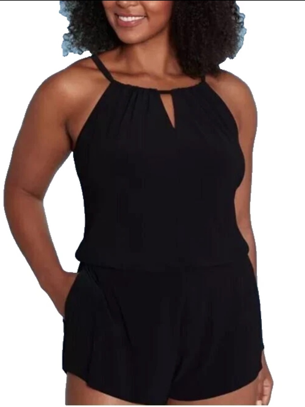 Woman’s High Neck Keyhole Swim Romper w/Pockets, One Piece Black 24W NWT…